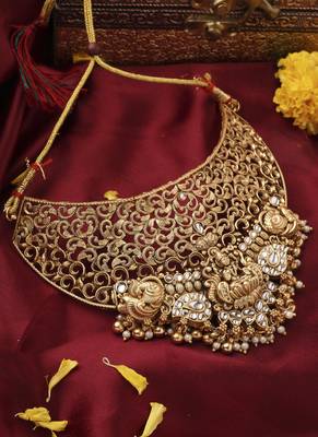 Gold-Plated Statement Choker Set with Lakshmi Motif and Intricate Designs 3