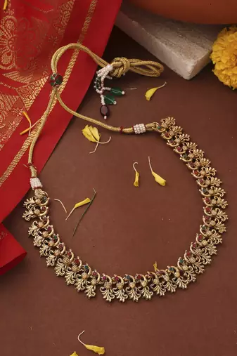 Gold-Plated Necklace Set with Peacock Motif Design