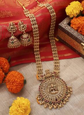 Gold-Plated Long Necklace Set with Round Lakshmi Motif 1