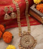 Gold-Plated Long Necklace Set with Round Lakshmi Motif