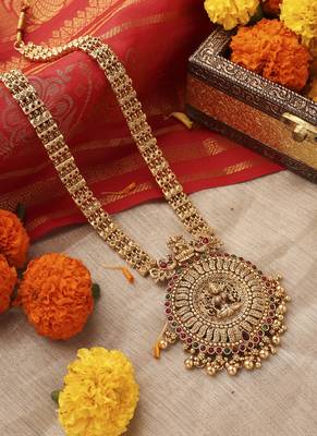 Gold-Plated Long Necklace Set with Round Lakshmi Motif 2
