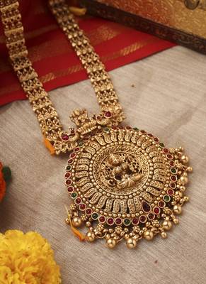 Gold-Plated Long Necklace Set with Round Lakshmi Motif 3