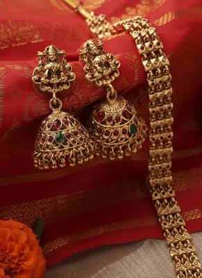 Gold-Plated Long Necklace Set with Round Lakshmi Motif 4