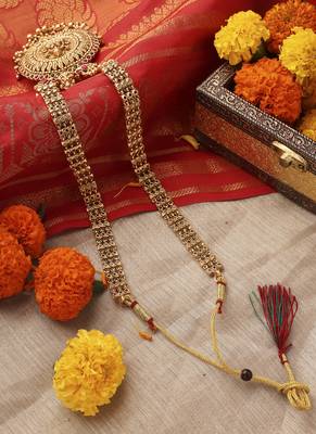Gold-Plated Long Necklace Set with Round Lakshmi Motif 5