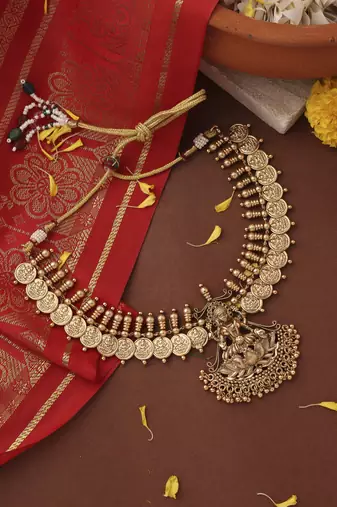 Gold-Plated Lakshmi Coin Necklace Set with Lotus Lakshmi Motif