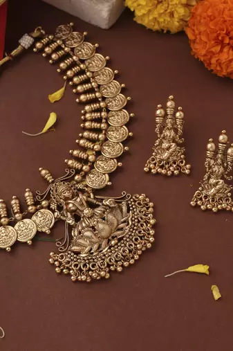 Gold-Plated Lakshmi Coin Necklace Set with Lotus Lakshmi Motif