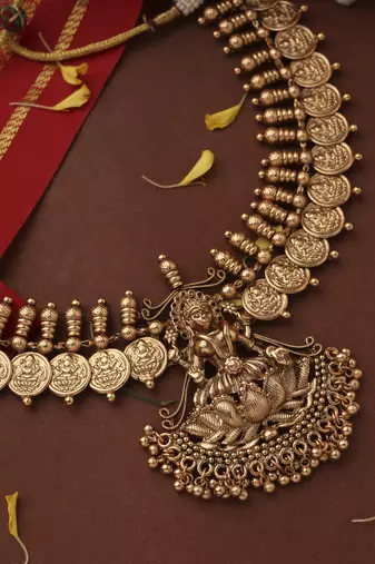 Gold-Plated Lakshmi Coin Necklace Set with Lotus Lakshmi Motif