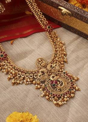Temple Jewellery Long Necklace with Peacock Pendant 2