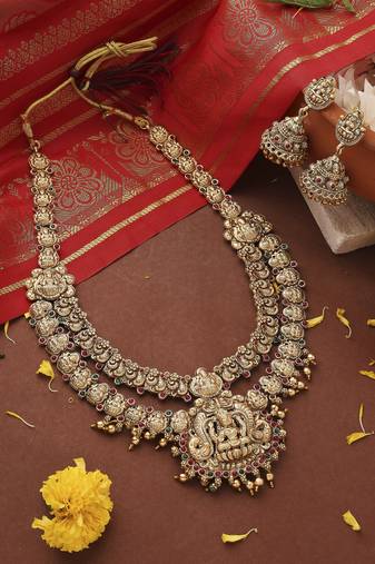 Antique Temple Jewellery Long Coin Necklace with Divine Pendant