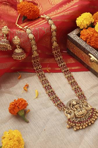 Temple Jewellery Long Necklace with Goddess Lakshmi Pendant