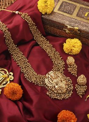 Antique Gold Lakshmi Necklace with Beaded Layers 1