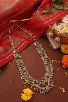 Long Lakshmi Coin Necklace Set with Lakshmi Motif - Temple Jewelry 1