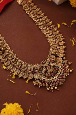 Long Lakshmi Coin Necklace Set with Lakshmi Motif - Temple Jewelry 4