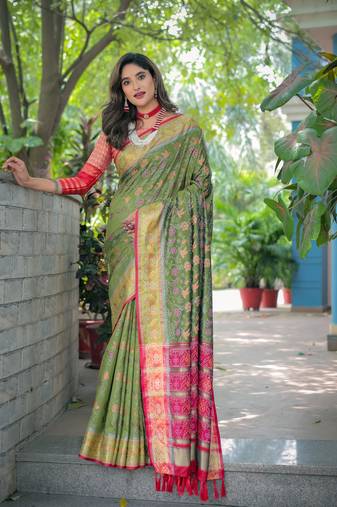 Soft patola silk rich pallu and contrast zari border all over the saree with brocade blouse
