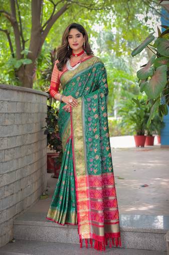 Soft patola silk rich pallu and contrast zari border all over the saree with brocade blouse