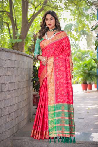 Soft patola silk rich pallu and contrast zari border all over the saree with brocade blouse