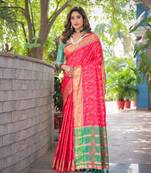 Soft patola silk rich pallu and contrast zari border all over the saree with brocade blouse