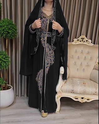 Black color Handmade Moroccan Kaftan with Embroidered zari work hijab 1
