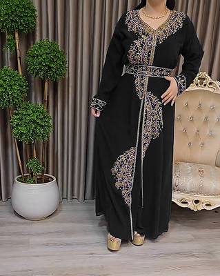 Black color Handmade Moroccan Kaftan with Embroidered zari work hijab 2