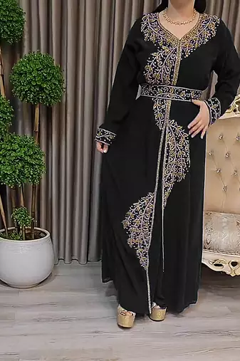 Black color Handmade Moroccan Kaftan with Embroidered zari work hijab