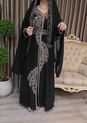 Black color Handmade Moroccan Kaftan with Embroidered zari work hijab 3