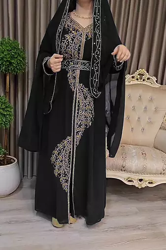 Black color Handmade Moroccan Kaftan with Embroidered zari work hijab