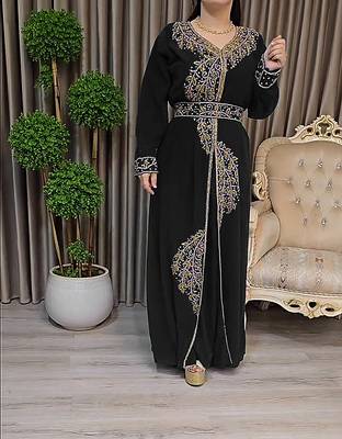 Black color Handmade Moroccan Kaftan with Embroidered zari work hijab 4