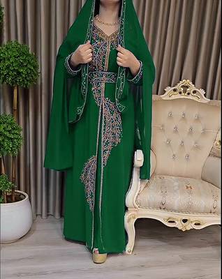 Dark Green color Handmade Moroccan Kaftan with Embroidered zari work hijab 1
