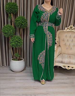 Dark Green color Handmade Moroccan Kaftan with Embroidered zari work hijab 2