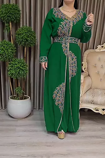 Dark Green color Handmade Moroccan Kaftan with Embroidered zari work hijab