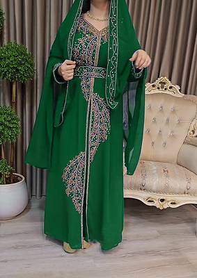 Dark Green color Handmade Moroccan Kaftan with Embroidered zari work hijab 3
