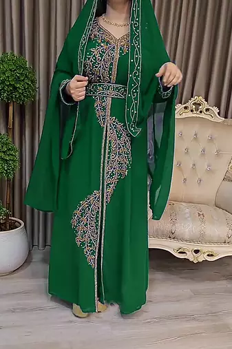 Dark Green color Handmade Moroccan Kaftan with Embroidered zari work hijab