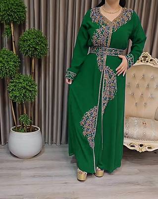 Dark Green color Handmade Moroccan Kaftan with Embroidered zari work hijab 4