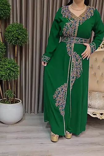 Dark Green color Handmade Moroccan Kaftan with Embroidered zari work hijab