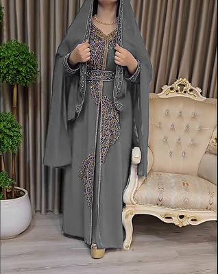 Grey color Handmade Moroccan Kaftan with Embroidered zari work hijab 1