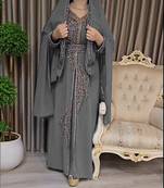 Grey color luxurious Handmade Moroccan Kaftan with Embroidered zari work hijab.