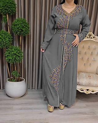 Grey color Handmade Moroccan Kaftan with Embroidered zari work hijab 2