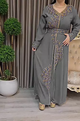 Grey color Handmade Moroccan Kaftan with Embroidered zari work hijab