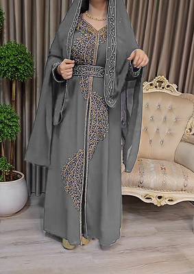 Grey color Handmade Moroccan Kaftan with Embroidered zari work hijab 3