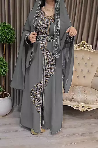Grey color Handmade Moroccan Kaftan with Embroidered zari work hijab