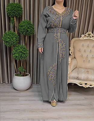 Grey color Handmade Moroccan Kaftan with Embroidered zari work hijab 4
