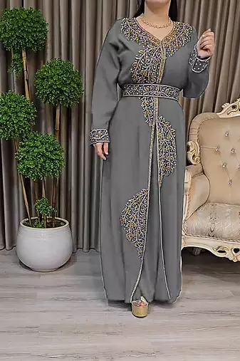 Grey color Handmade Moroccan Kaftan with Embroidered zari work hijab