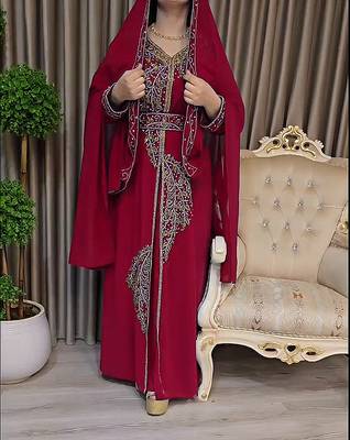Maroon color Handmade Moroccan Kaftan with Embroidered zari work hijab 1