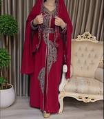Maroon color luxurious Handmade Moroccan Kaftan with Embroidered zari work hijab.