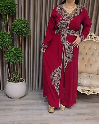 Maroon color Handmade Moroccan Kaftan with Embroidered zari work hijab 2