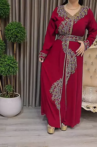 Maroon color Handmade Moroccan Kaftan with Embroidered zari work hijab