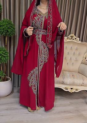 Maroon color Handmade Moroccan Kaftan with Embroidered zari work hijab 3