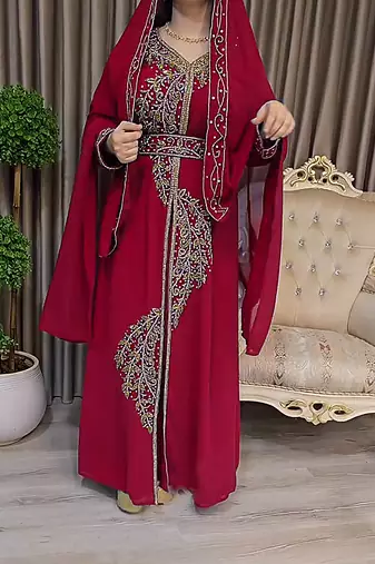 Maroon color Handmade Moroccan Kaftan with Embroidered zari work hijab