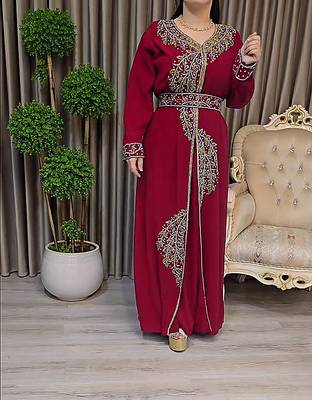 Maroon color Handmade Moroccan Kaftan with Embroidered zari work hijab 4