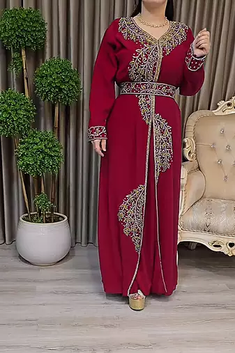 Maroon color Handmade Moroccan Kaftan with Embroidered zari work hijab
